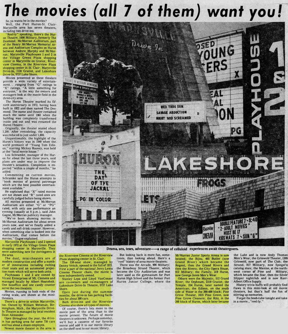 Huron Theatre - 1973 ARTICLE ON PORT HURON AREA THEATERS